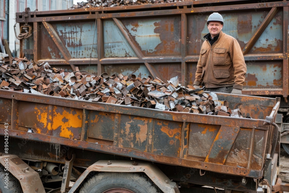 Scrap Metal Container. Caucasian Man and Woman Collecting Scrap Metal Outdoors Scrap Metal Container. Caucasian Man and Woman Collecting Scrap Metal Outdoors