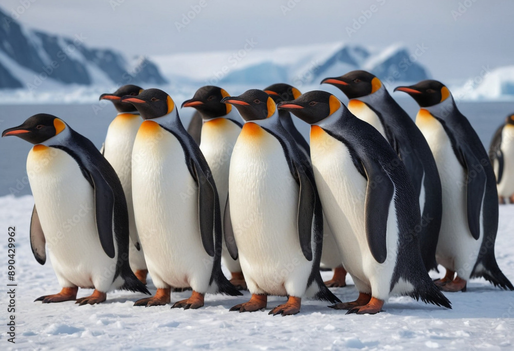 Obraz premium A group of penguins huddled together for warmth on a snowy Antarctic shore. 