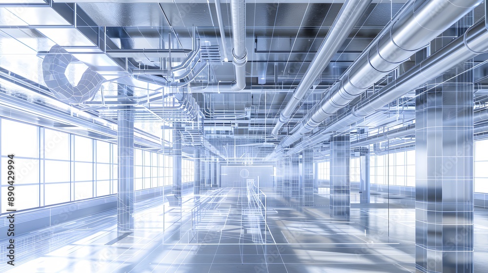A large, empty room with a blue ceiling and white walls. The room is very open and has a very clean, modern look A large, empty room with a blue ceiling and white walls. The room is very open and has a very clean, modern look