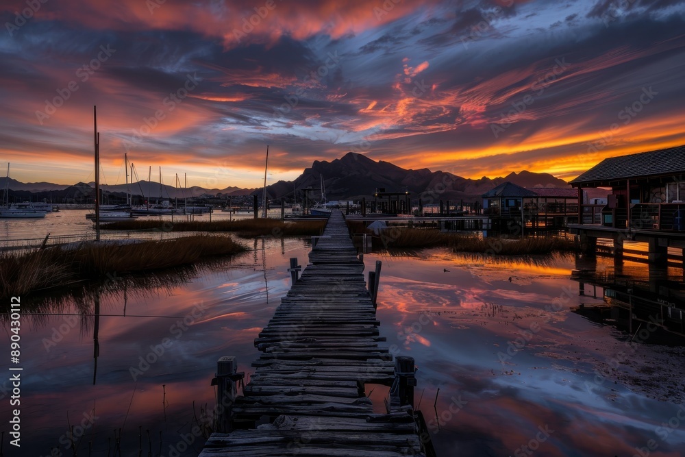 Fototapeta premium The photograph captures a dramatic sunset on a rustic lakeside pier, featuring a colorful sky reflecting in the water, with boats anchored nearby and mountains in the distance.