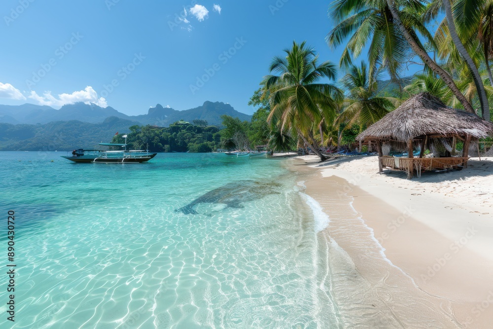 Fototapeta premium A pristine tropical beach with straw huts, crystal clear waters, and a boat in the distance, under a bright and sunny blue sky, offering an ultimate beach retreat.