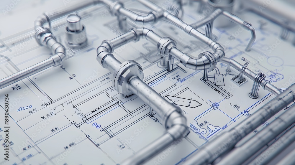 A drawing of pipes and valves on a white background. The drawing conveys a sense of precision and technicality A drawing of pipes and valves on a white background. The drawing conveys a sense of precision and technicality
