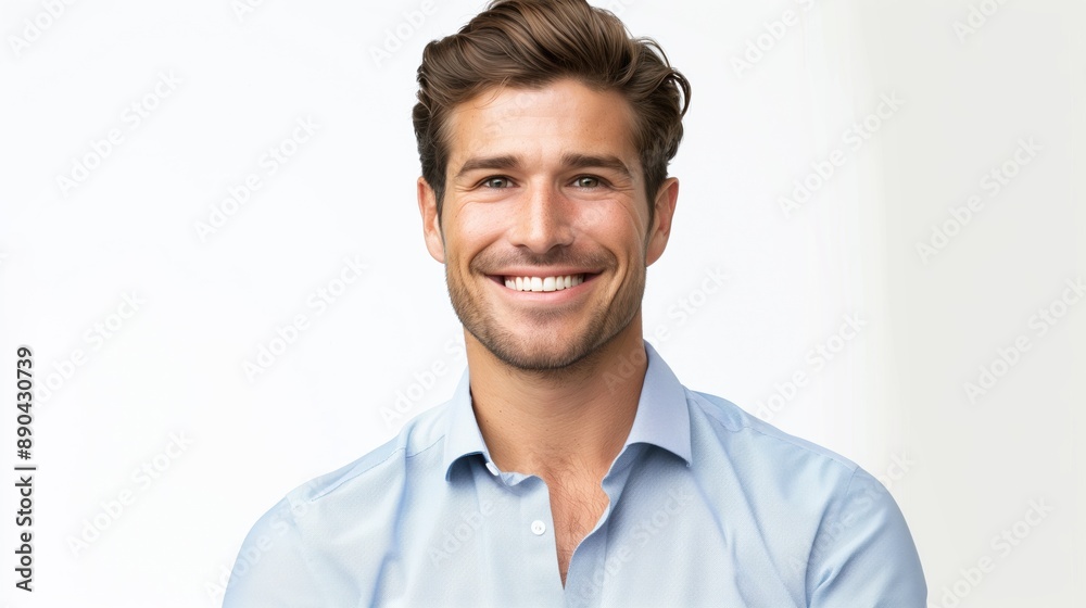 Photo of a smiling, confident, optimistic tech worker on a white background Photo of a smiling, confident, optimistic tech worker on a white background
