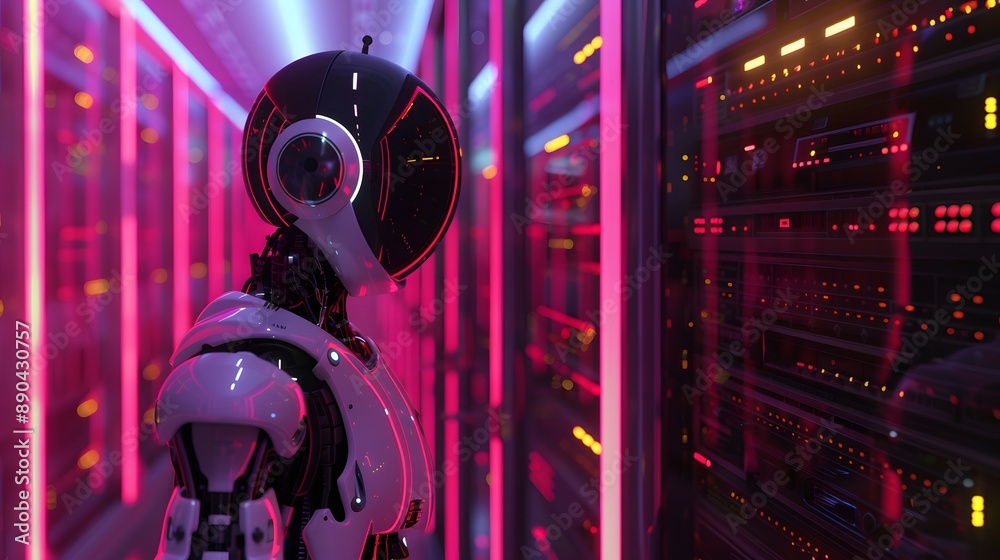 A robot is standing in front of a row of computer servers. The robot is white and has a black head. The servers are brightly lit and have a neon pink hue. The scene gives off a futuristic A robot is standing in front of a row of computer servers. The robot is white and has a black head. The servers are brightly lit and have a neon pink hue. The scene gives off a futuristic