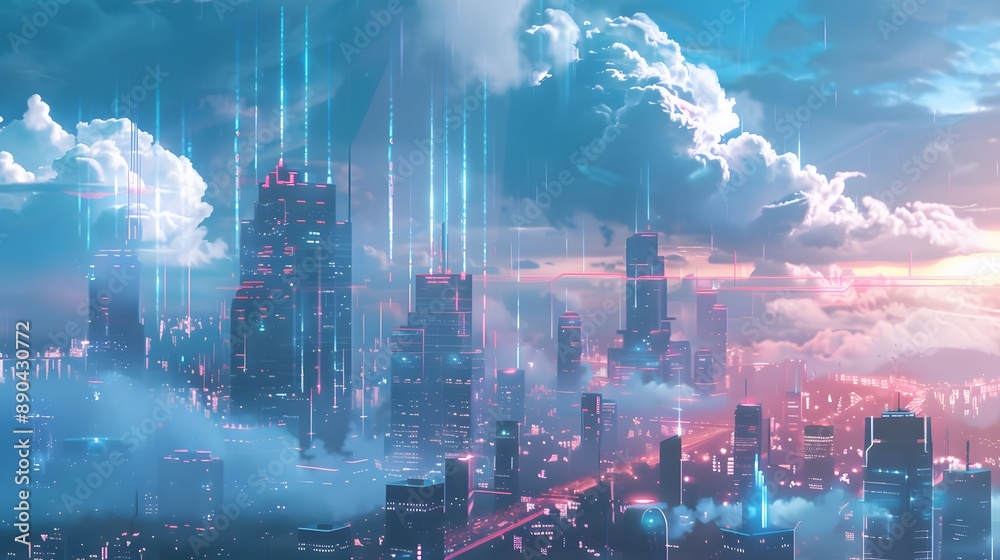 A cityscape with a blue sky and clouds. The sky is filled with neon lights and the buildings are tall and colorful. Scene is bright and energetic, with a sense of excitement and wonder A cityscape with a blue sky and clouds. The sky is filled with neon lights and the buildings are tall and colorful. Scene is bright and energetic, with a sense of excitement and wonder