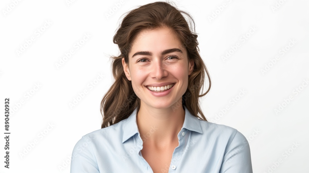 Photo of a smiling, confident, optimistic tech worker on a white background Photo of a smiling, confident, optimistic tech worker on a white background