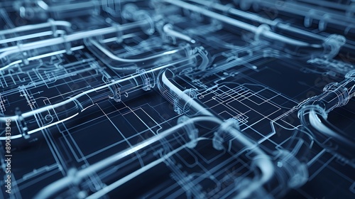 A blue and white drawing of a pipe system with a red valve. Concept of complexity and precision, as the various pipes and valves are intricately detailed