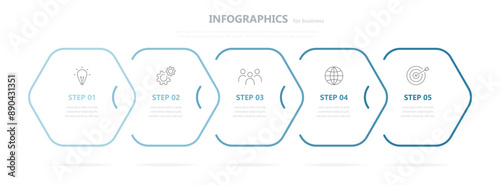 Business infographics. Infographics with 5 steps or options. A thin linear infographic with a hexagon template for a presentation or website. Timeline of processes