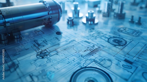 A blue drawing of a machine with a blue tube on top of it. The tube is surrounded by many small blue circles