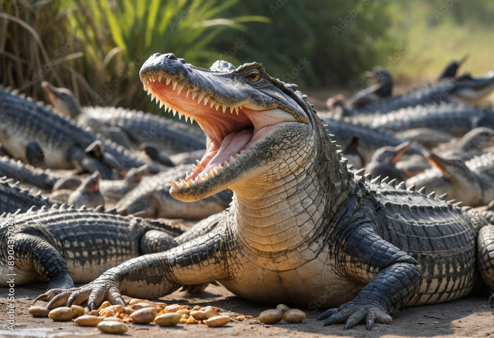 Obraz premium A photo of a crocodile basking in the sun with a flock of birds picking food from its teeth. 