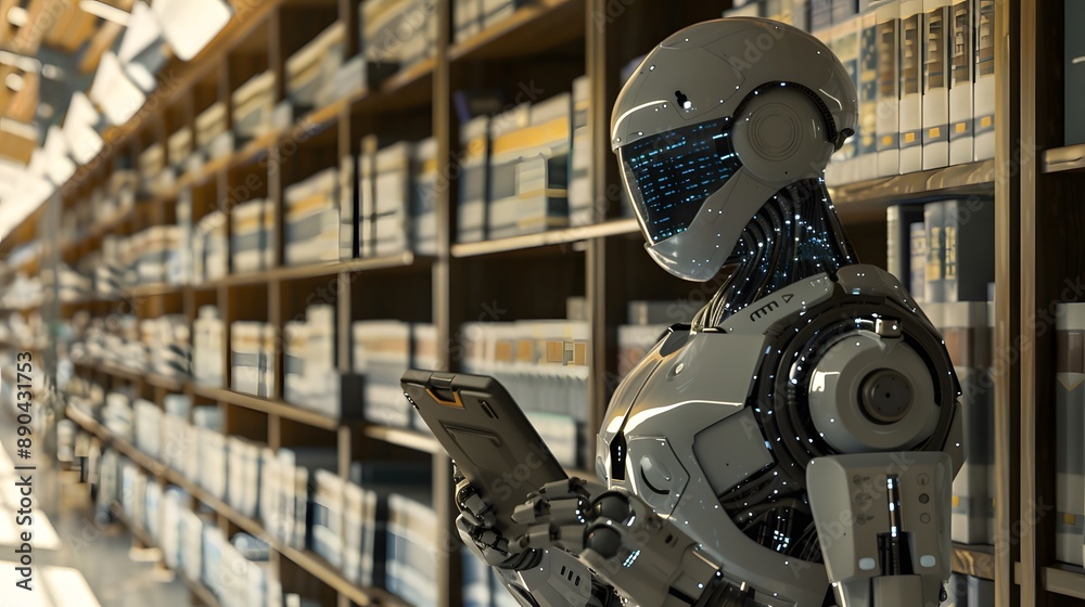 A robot is standing in a library and holding a tablet. The robot is surrounded by bookshelves, and the scene gives off a futuristic and technological vibe A robot is standing in a library and holding a tablet. The robot is surrounded by bookshelves, and the scene gives off a futuristic and technological vibe