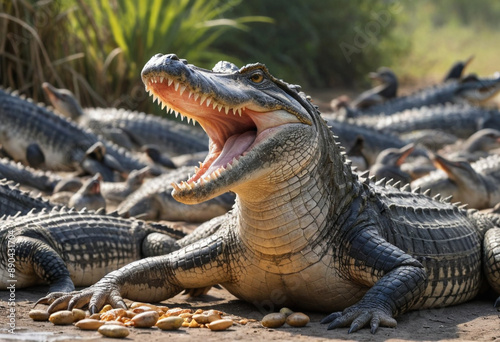 A photo of a crocodile basking in the sun with a flock of birds picking food from its teeth.  © jarntag