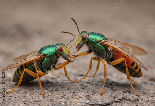  A close-up of two insects fighting for territory. 