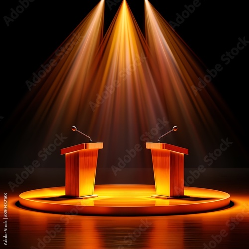 Debate Stage Spotlight, illuminated wooden podiums placed under warm lighting on a round stage ready for speakers