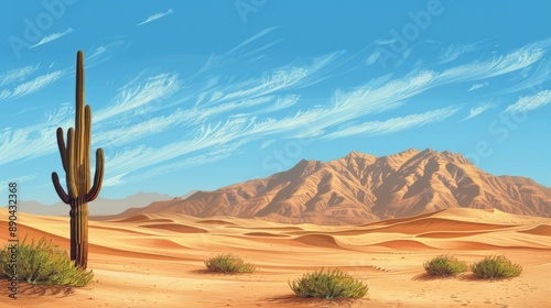 A sunlit desert with expansive sand dunes, a solitary cactus, scattered green shrubs, and mountains in the background beneath a clear blue sky with wispy clouds.