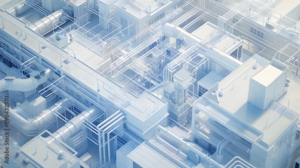 Obraz premium A blue and white image of a city with many buildings and pipes. The image has a futuristic and industrial feel to it