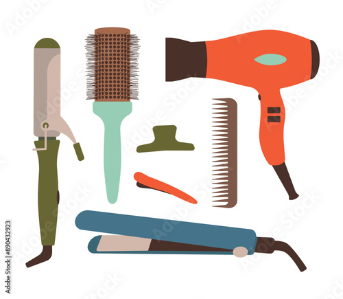 Hair styling set. Hairdressing tools, hair dryer, brush, straightening iron and curling iron. Isolated vector illustration