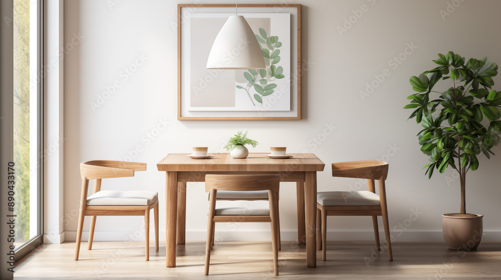 Fototapeta premium Minimalist Wooden Dining Table Set with Modern Art and Indoor Plant
