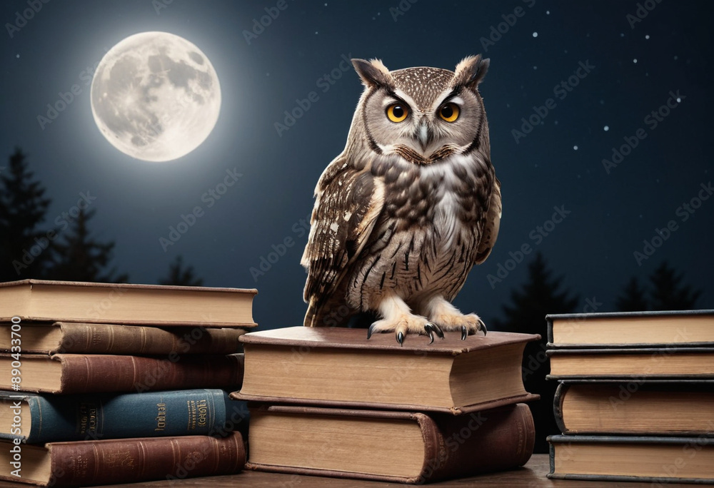 custom made wallpaper toronto digital A wise old owl perched on a stack of books, reading by moonlight.