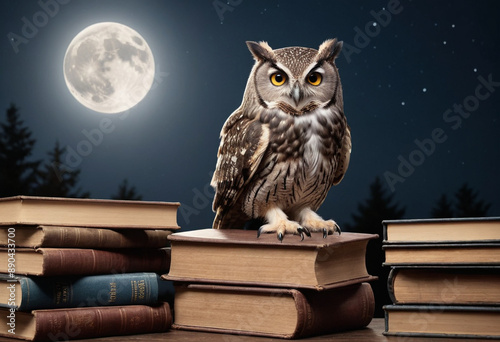 Wallpaper Mural  A wise old owl perched on a stack of books, reading by moonlight.  Torontodigital.ca