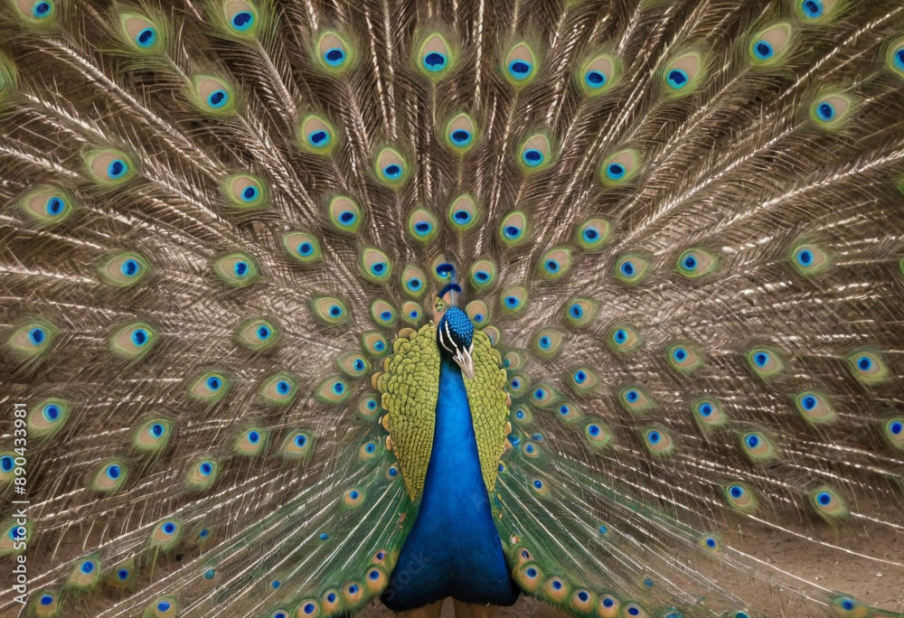 Fototapeta premium A proud peacock strutting its stuff with its tail feathers fanned out. 