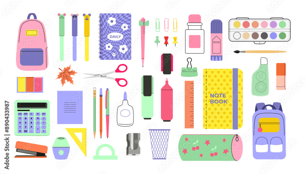 Back to school stickers and doodles. School supplies and accessories. Education, science. Vector drawing isolated on white. Back to school stickers and doodles. School supplies and accessories. Education, science. Vector drawing isolated on white.