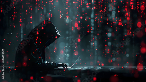 The Hidden World of Cybercrime Depicted Through a Dark and Mysterious Image of a Hooded Hacker Working on a Laptop Surrounded by Floating Digital Codes in a Shadowy Environment