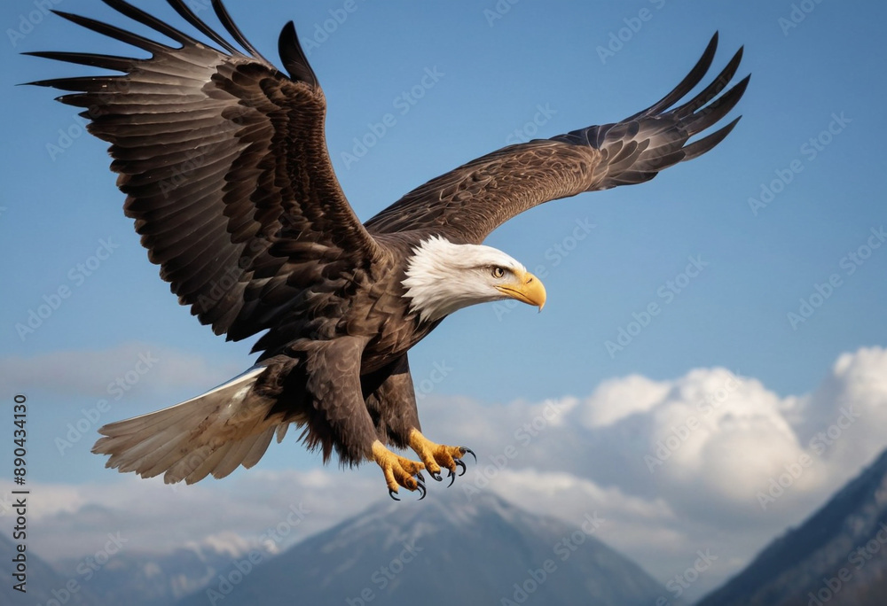 A majestic eagle soaring through the sky with a determined look. A majestic eagle soaring through the sky with a determined look.