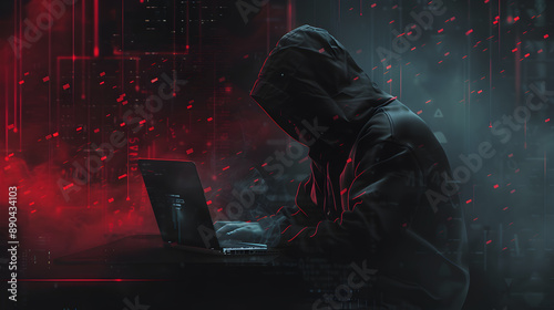 The Hidden World of Cybercrime Depicted Through a Dark and Mysterious Image of a Hooded Hacker Working on a Laptop Surrounded by Floating Digital Codes in a Shadowy Environment