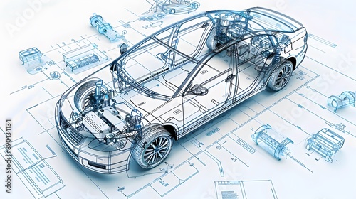 A car is shown in a blue and white color scheme with a lot of detail. The car is a model of a car that is being designed