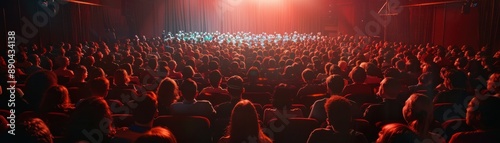 Dimly lit theatre audience, focused view, realistic studio lighting, highresolution background