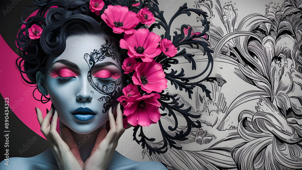 A captivating and surreal portrait of a woman, with her eyes gently closed, set against a striking contrast of bold fuchsia blue and black hues