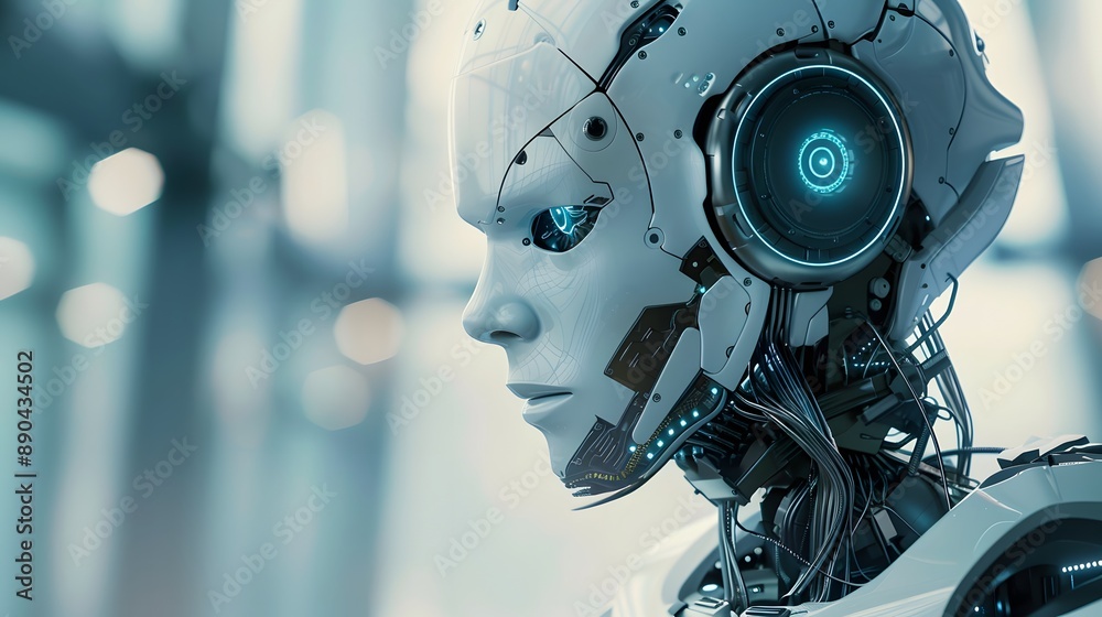 Fototapeta premium A robot is working on a machine with a human-like face. The robot is white and has a helmet on