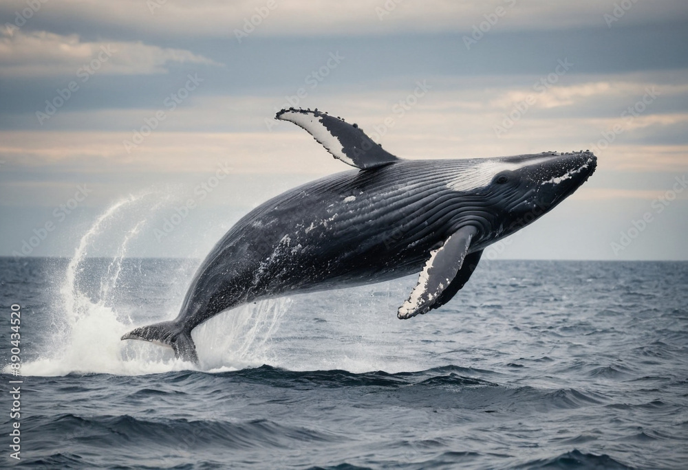 Fototapeta premium A humpback whale breaching out of the water in a dramatic ocean scene. 
