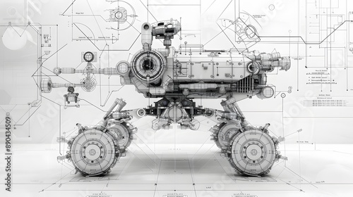 A robot is shown in a white background with a lot of machinery and wires. The robot is designed to be a robot that can be used for various purposes