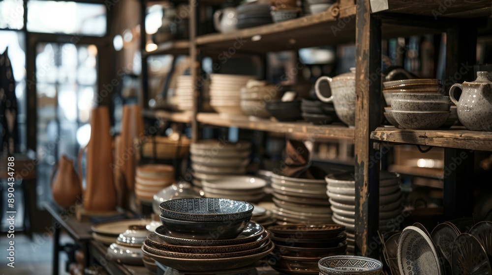 Rustic Pottery and Ceramics on Wooden Shelves Rustic Pottery and Ceramics on Wooden Shelves