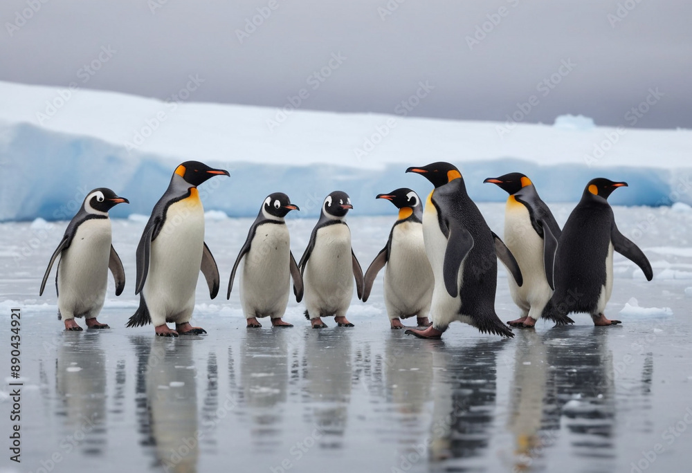Obraz premium A family of penguins waddling across the icy Antarctic landscape. 