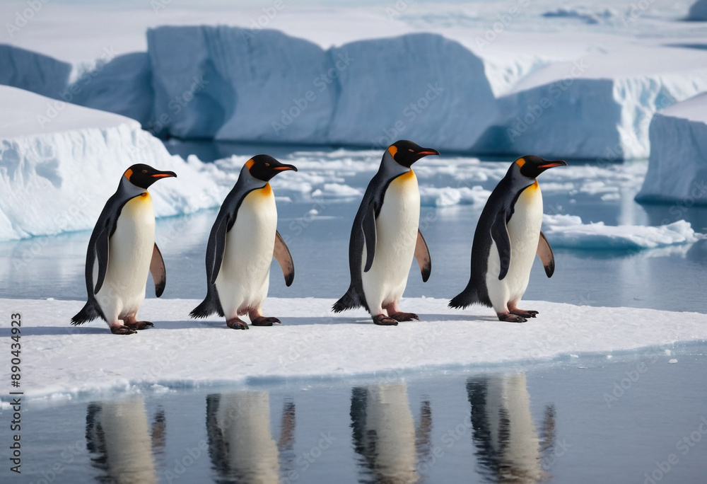 Obraz premium A family of penguins waddling across the icy Antarctic landscape. 