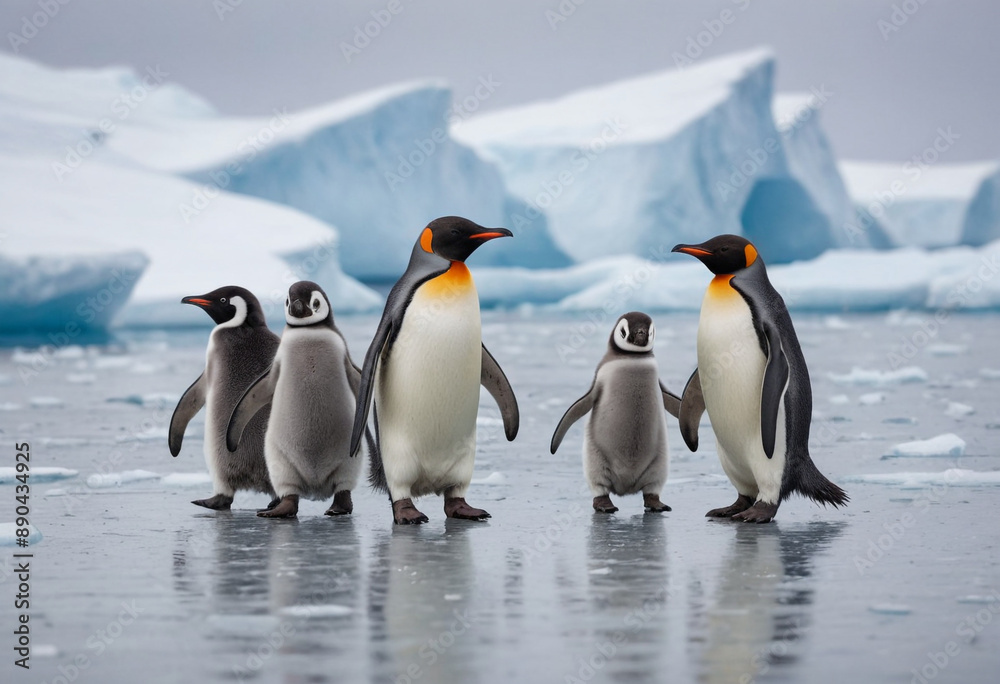 Fototapeta premium A family of penguins waddling across the icy Antarctic landscape. 