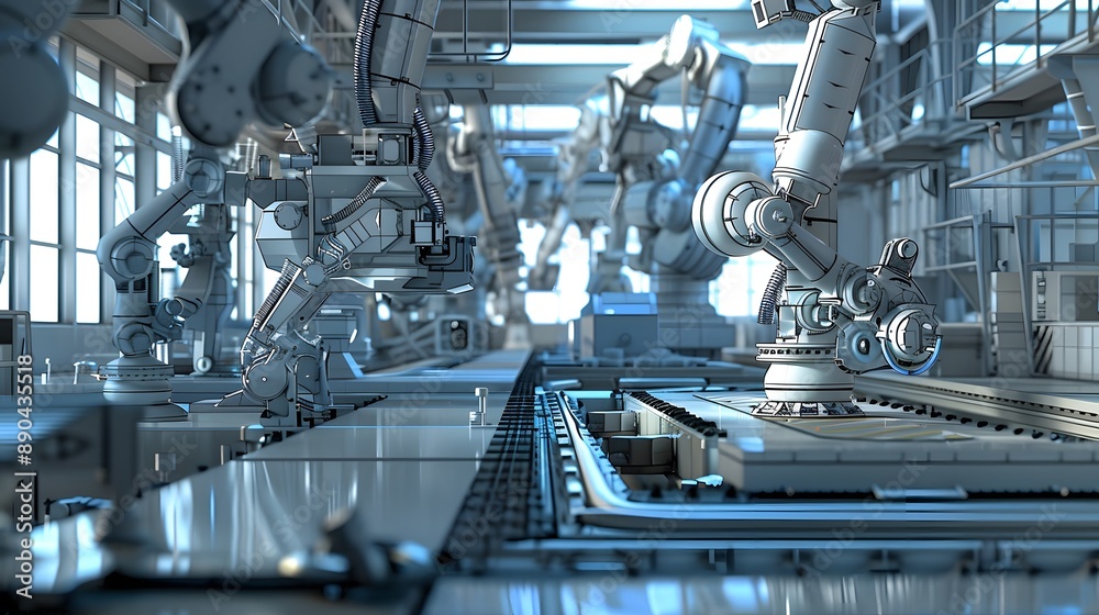 A robot arm is shown in a white background with a blue and red design. The robot arm is in the middle of the image and is surrounded by a lot of other objects A robot arm is shown in a white background with a blue and red design. The robot arm is in the middle of the image and is surrounded by a lot of other objects
