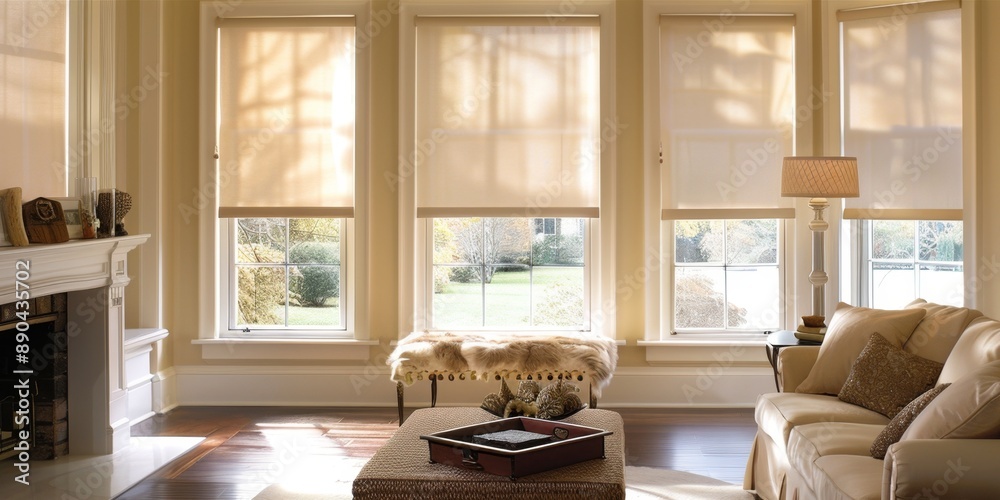 Fototapeta premium Luxurious Modern Interior with Smart Shading Solutions: Automated Solar Blinds, Motorized Blackout Curtains, and Wooden Wall Panels. High-Tech Home Design featuring Electric Roller Shades, Relaxation 
