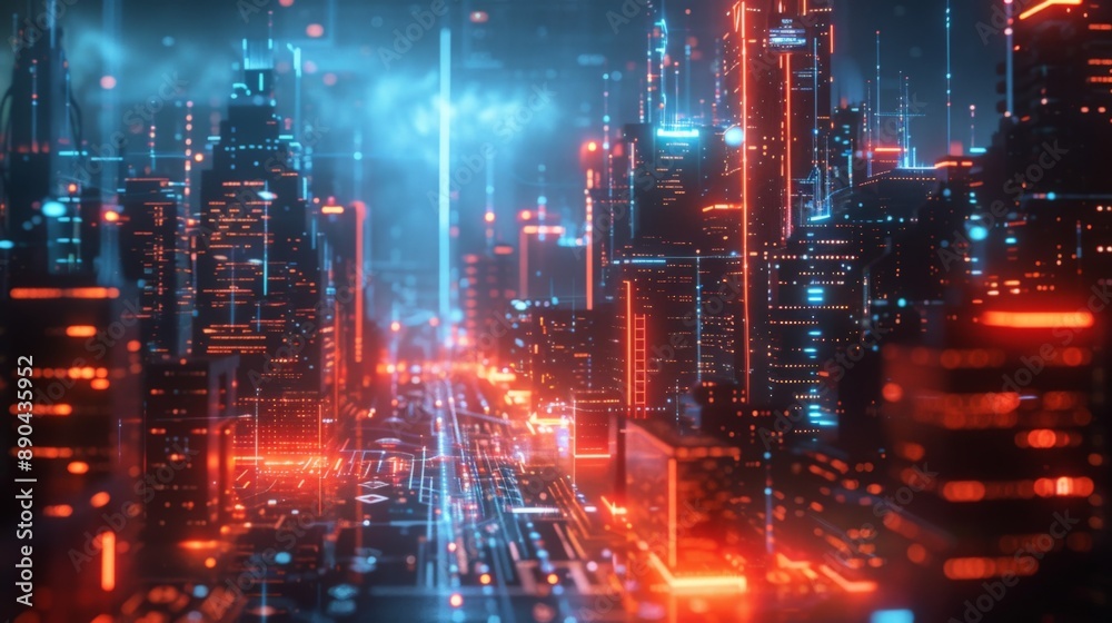 A vibrant 3D background featuring a futuristic digital cityscape illuminated by bright neon lights in blue and orange hues. A vibrant 3D background featuring a futuristic digital cityscape illuminated by bright neon lights in blue and orange hues.