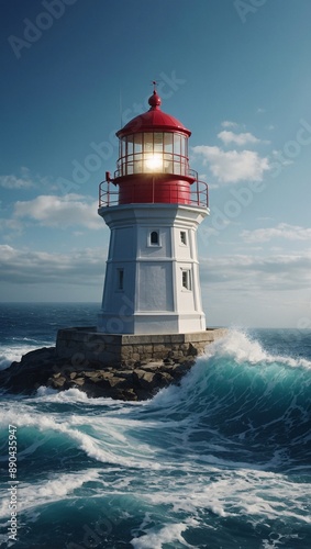 Lighthouse on blue sea waves in a vector illustration