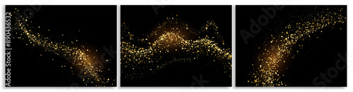 Banners with gold dust. Shining and sparkling gold particles scattered on dark backdrop. Holiday posters or festive cards with glitter. Abstract vector illustration set isolated on white background
