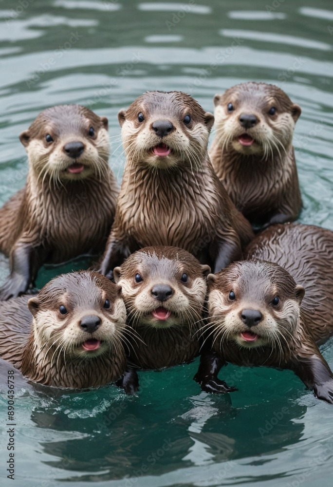 A playful group of otters frolicking in the water. A playful group of otters frolicking in the water.