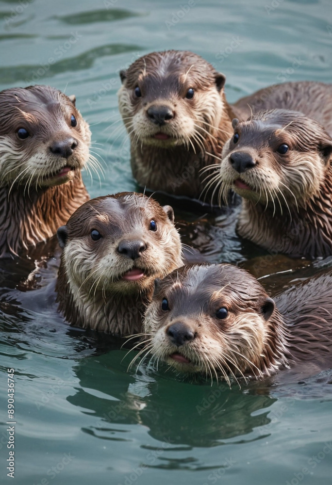 A playful group of otters frolicking in the water. A playful group of otters frolicking in the water.