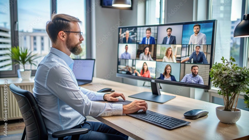 A person sits in an office and works at a computer, images of people are displayed on a monitor. High quality image A person sits in an office and works at a computer, images of people are displayed on a monitor. High quality image