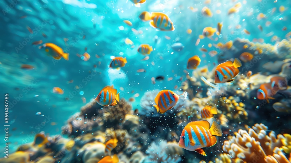 Naklejka premium Family scuba diving in crystal clear tropical waters