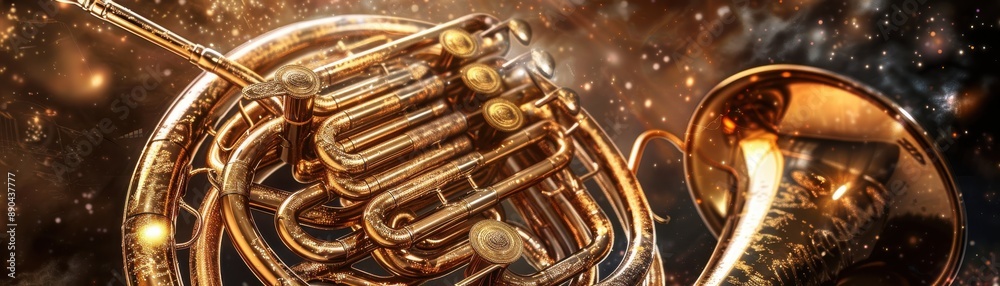 Naklejka premium French horn with intricate details, warm tones, realistic studio lighting, highresolution background