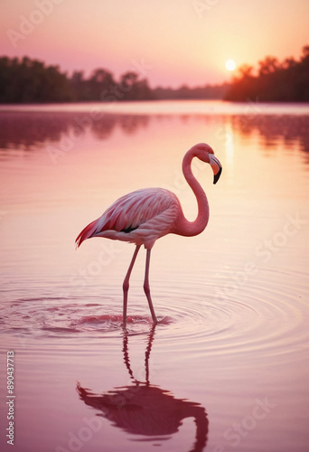  A graceful flamingo wading through a pink lake at sunset. 